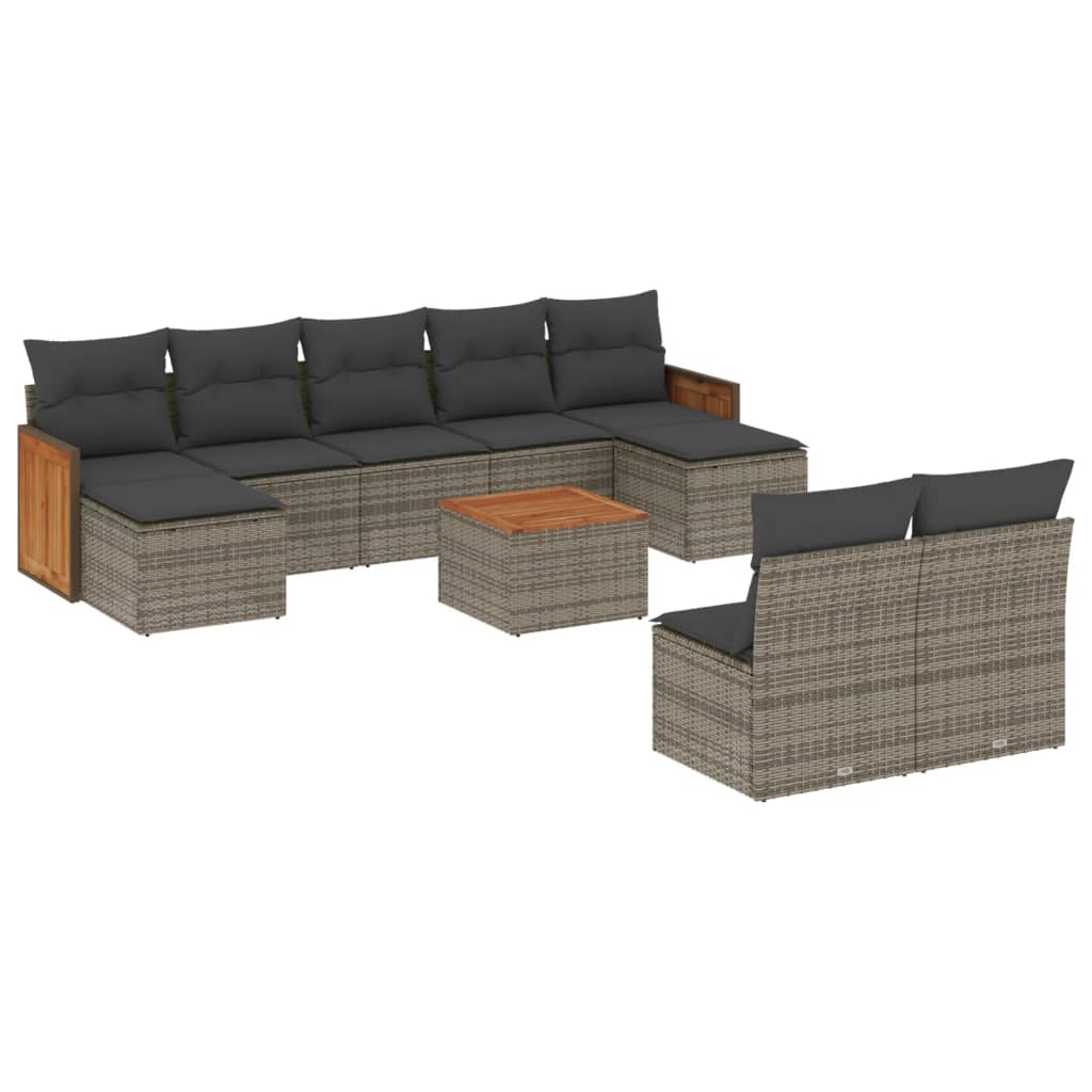 10-delige Loungeset met kussens poly rattan grijs