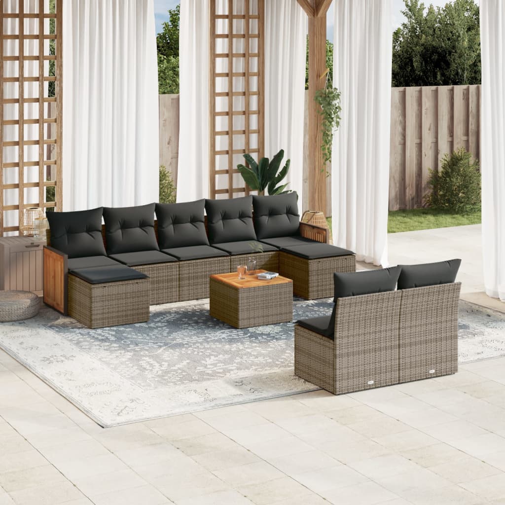 10-delige Loungeset met kussens poly rattan grijs