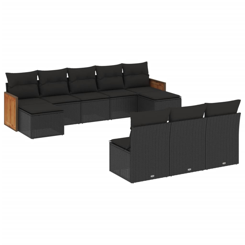 10-delige Loungeset met kussens poly rattan zwart