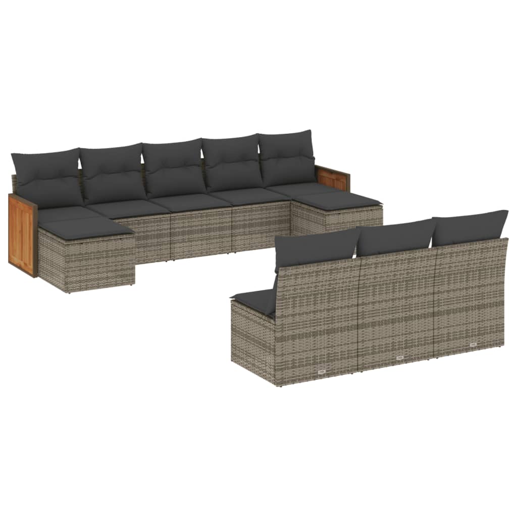 10-delige Loungeset met kussens poly rattan grijs