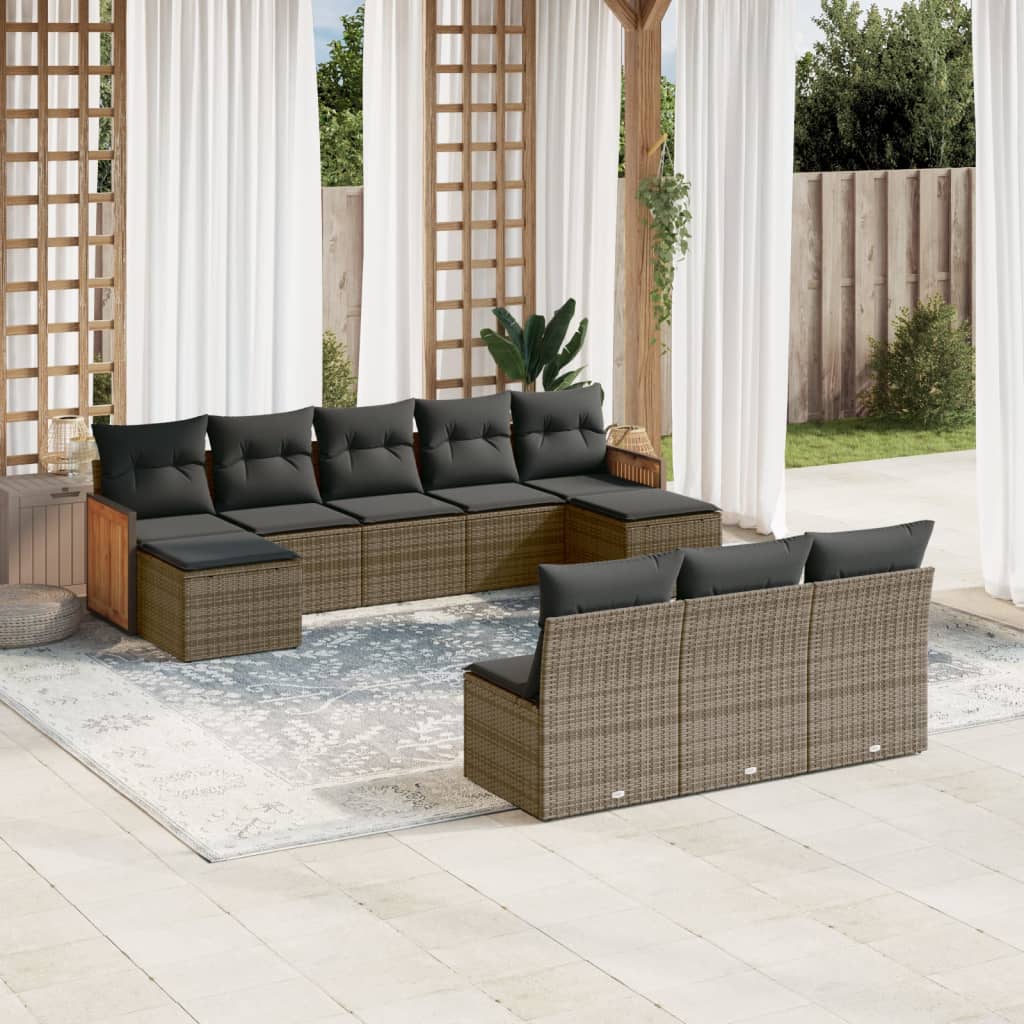 10-delige Loungeset met kussens poly rattan grijs