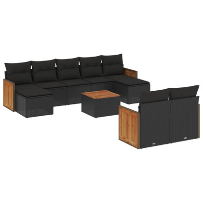 10-delige Loungeset met kussens poly rattan zwart