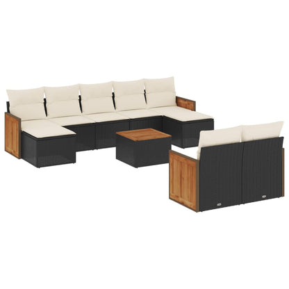 10-delige Loungeset met kussens poly rattan zwart