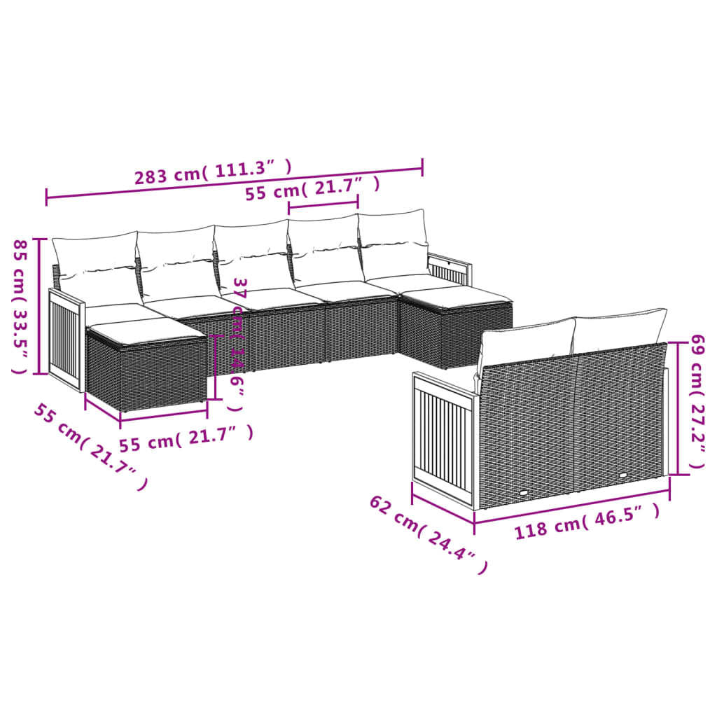 10-delige Loungeset met kussens poly rattan zwart