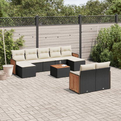 10-delige Loungeset met kussens poly rattan zwart