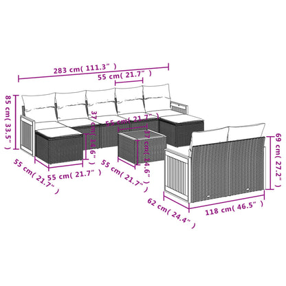 10-delige Loungeset met kussens poly rattan grijs