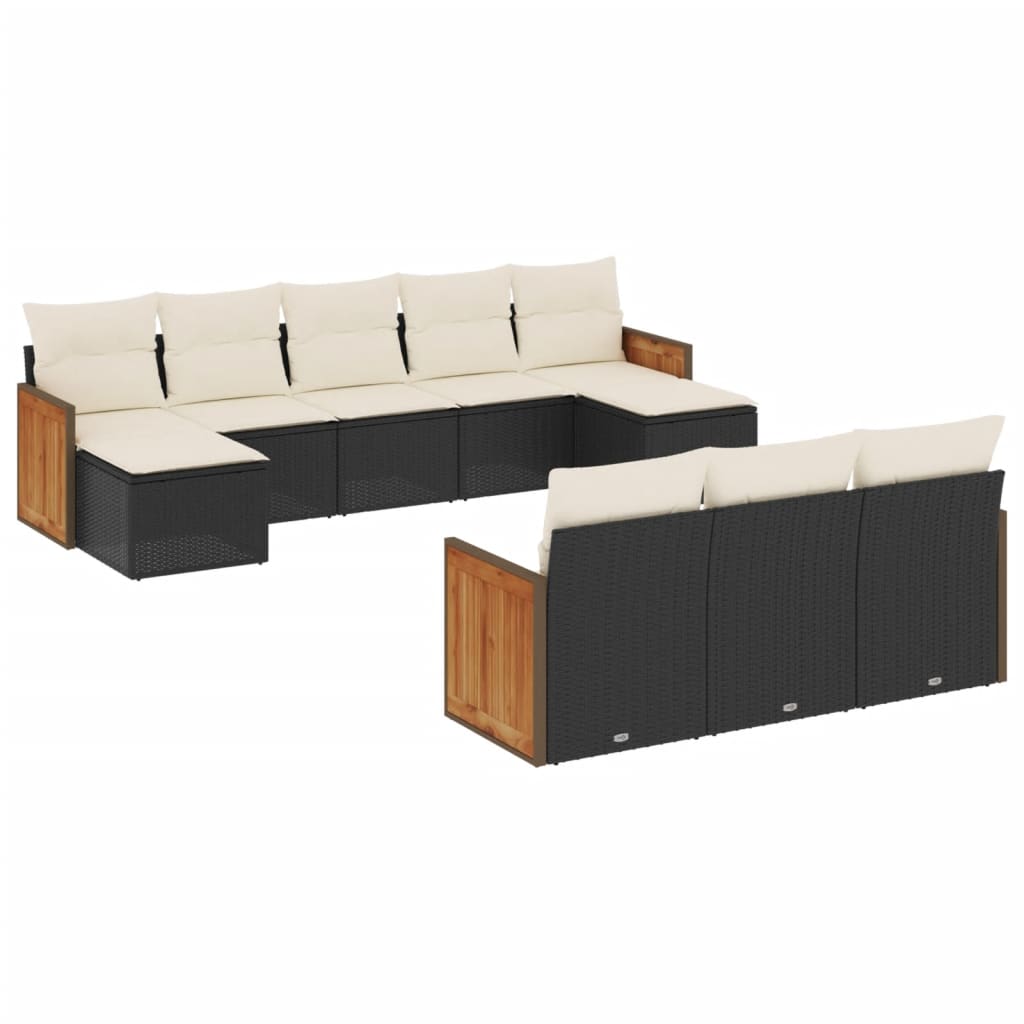 10-delige Loungeset met kussens poly rattan zwart