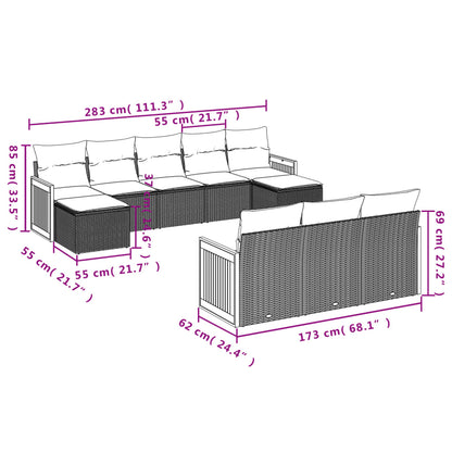 10-delige Loungeset met kussens poly rattan zwart