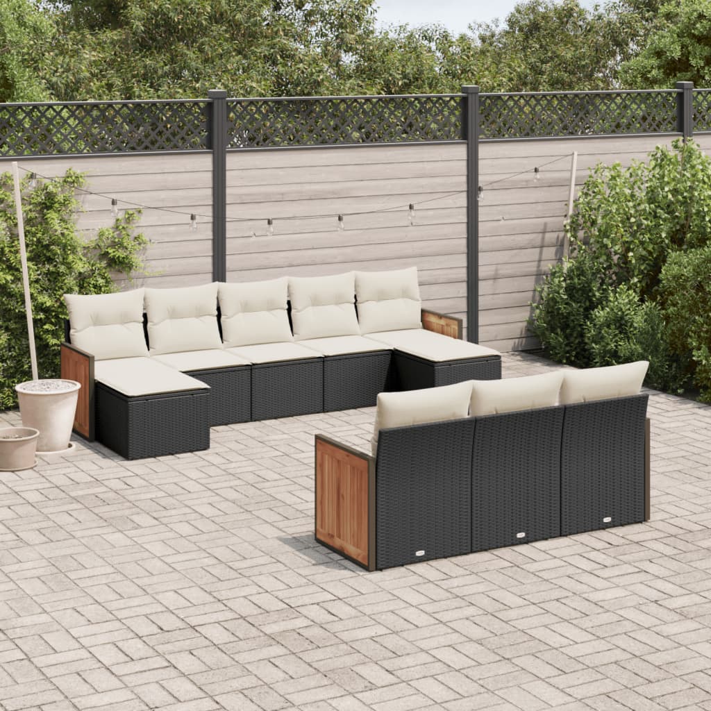 10-delige Loungeset met kussens poly rattan zwart