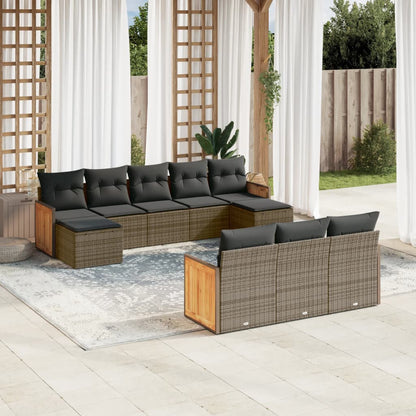 10-delige Loungeset met kussens poly rattan grijs