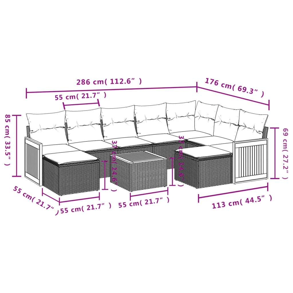 10-delige Loungeset met kussens poly rattan grijs