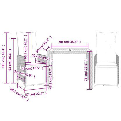 3-delige Bistroset met kussens poly rattan zwart