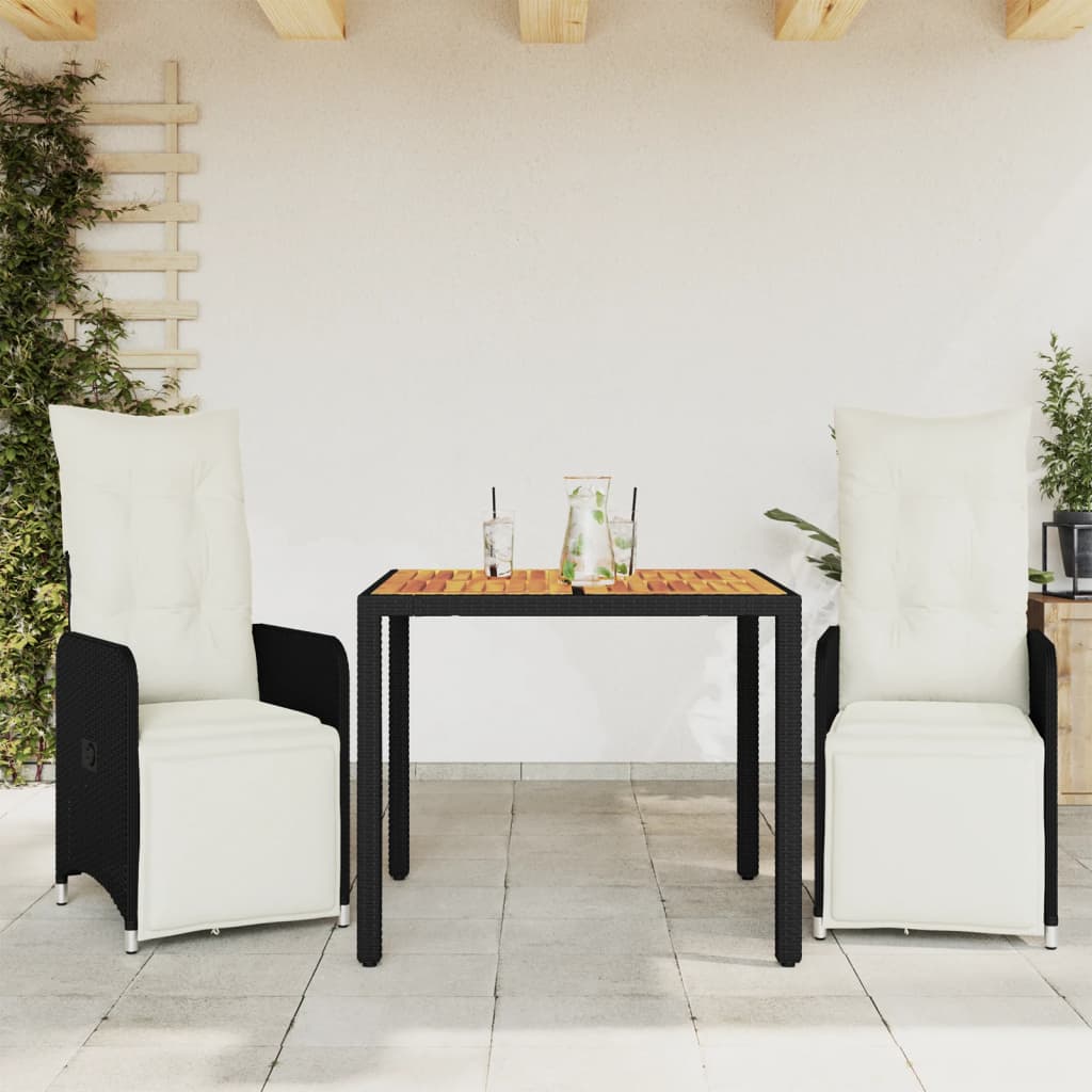 3-delige Bistroset met kussens poly rattan zwart