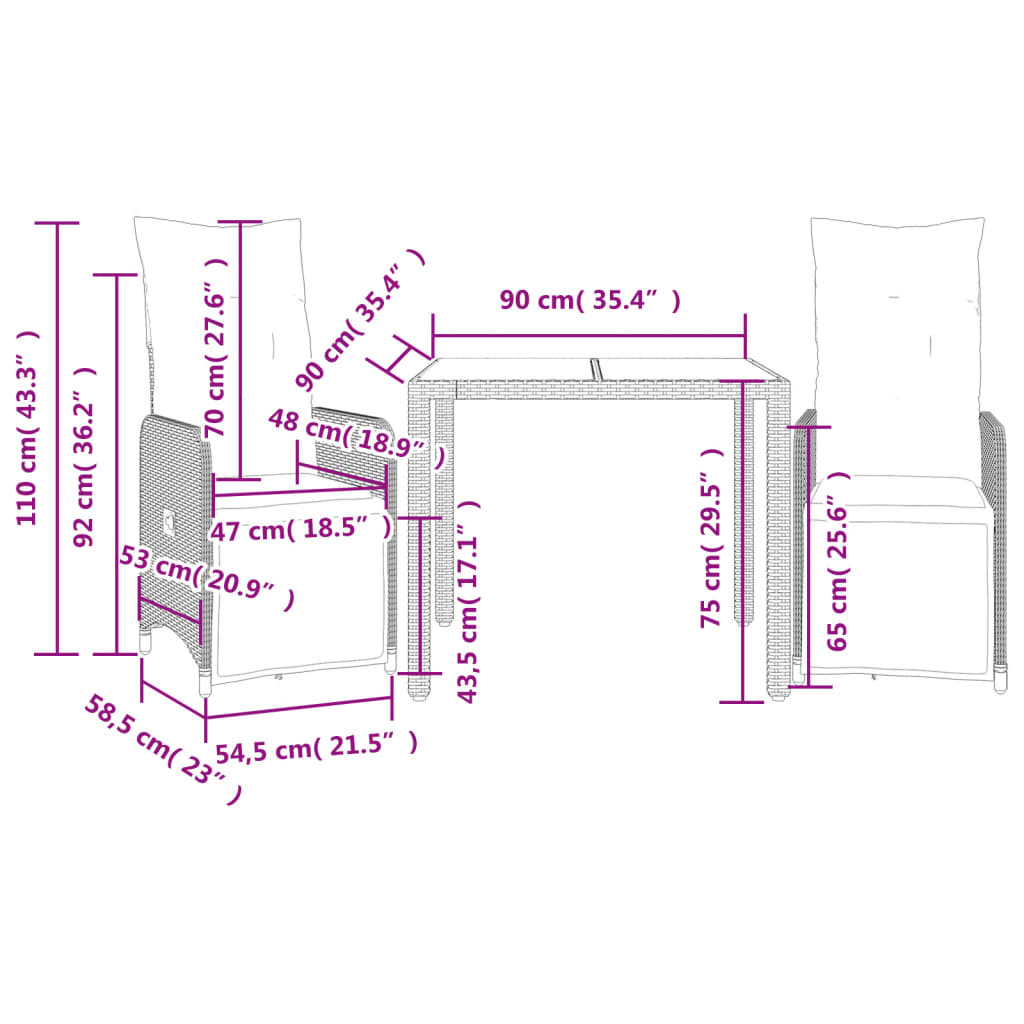 3-delige Bistroset met kussens poly rattan zwart