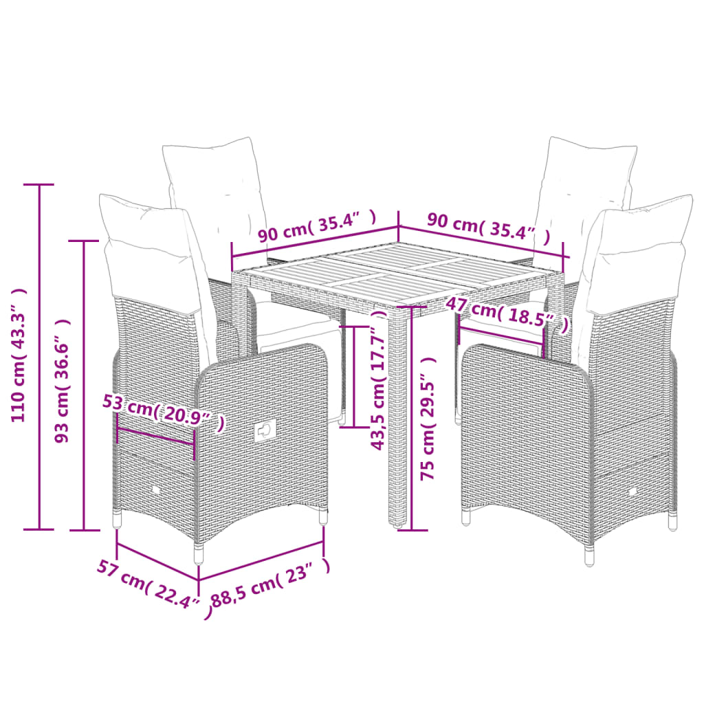 5-delige Bistroset met kussens poly rattan zwart