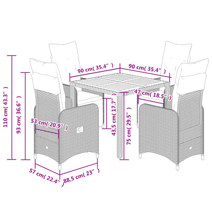 5-delige Bistroset met kussens poly rattan zwart