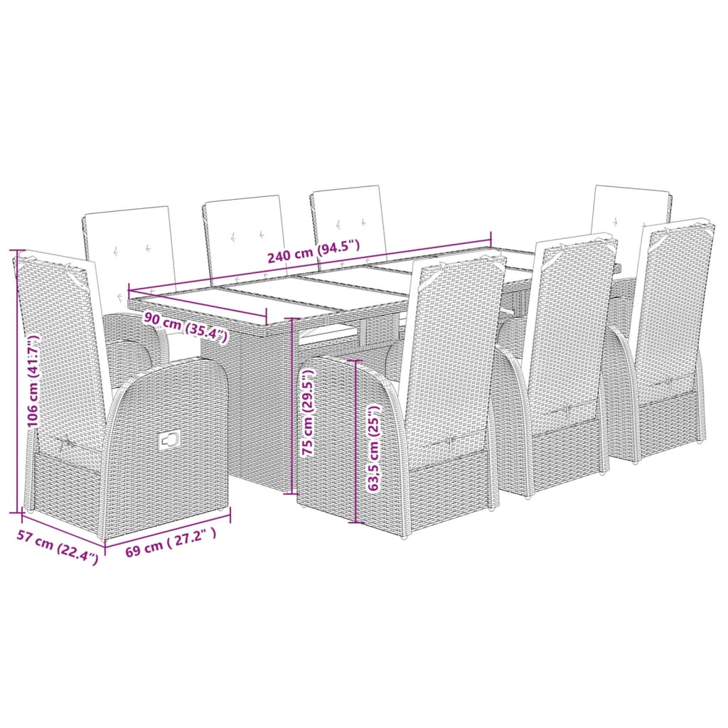 9-delige Tuinset met kussens poly rattan grijs