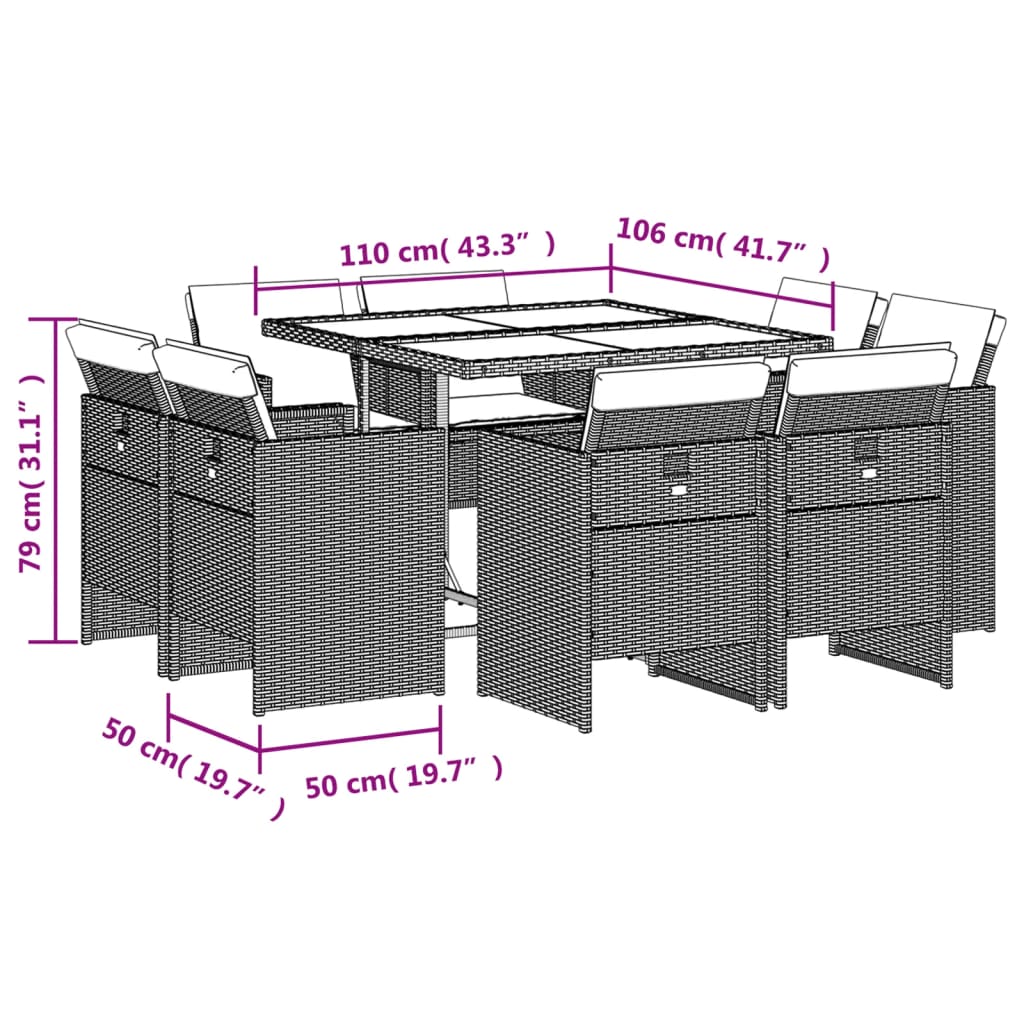 9-delige Tuinset met kussens poly rattan grijs