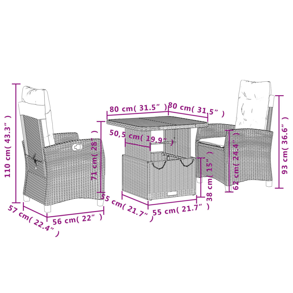 3-delige Tuinset met kussens poly rattan beige