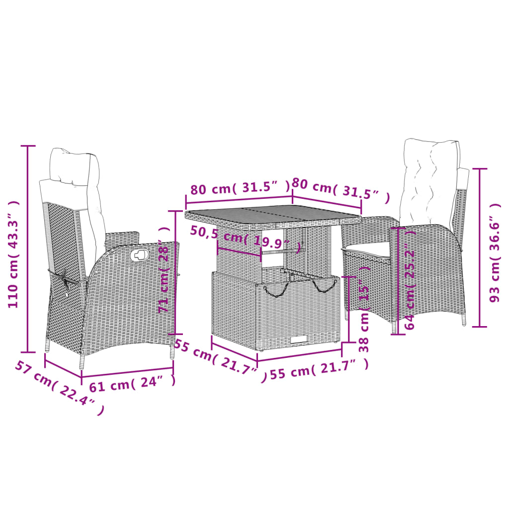 3-delige Tuinset met kussens poly rattan grijs