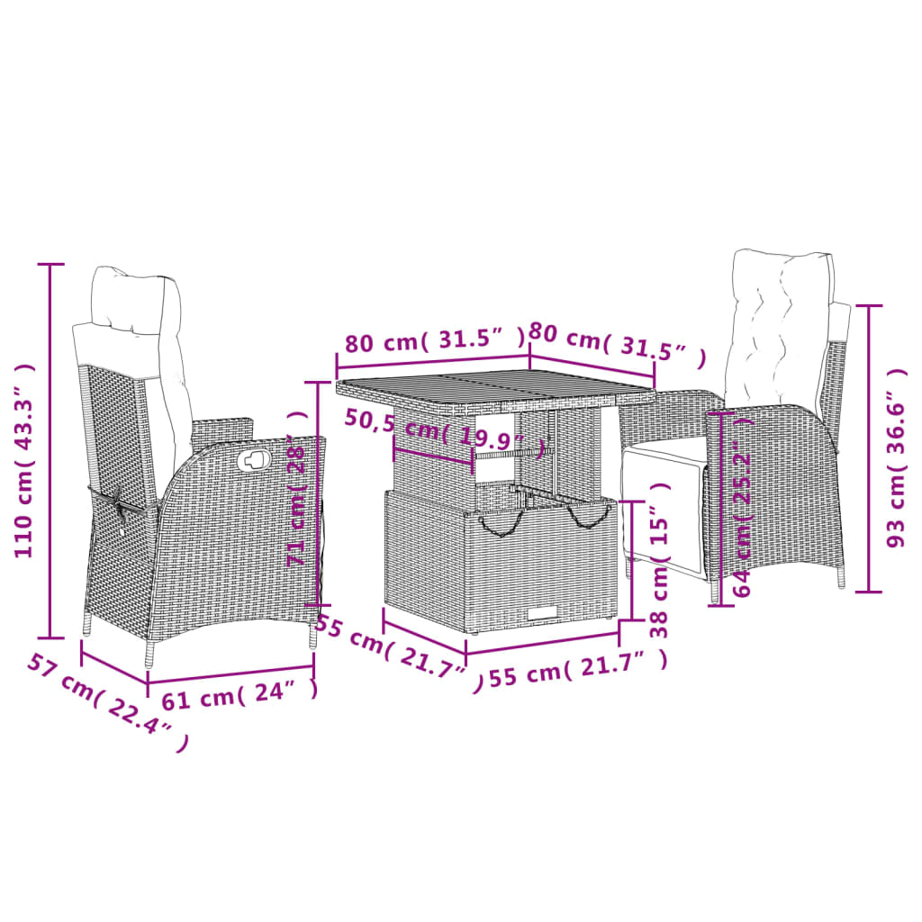 3-delige Tuinset met kussens poly rattan beige