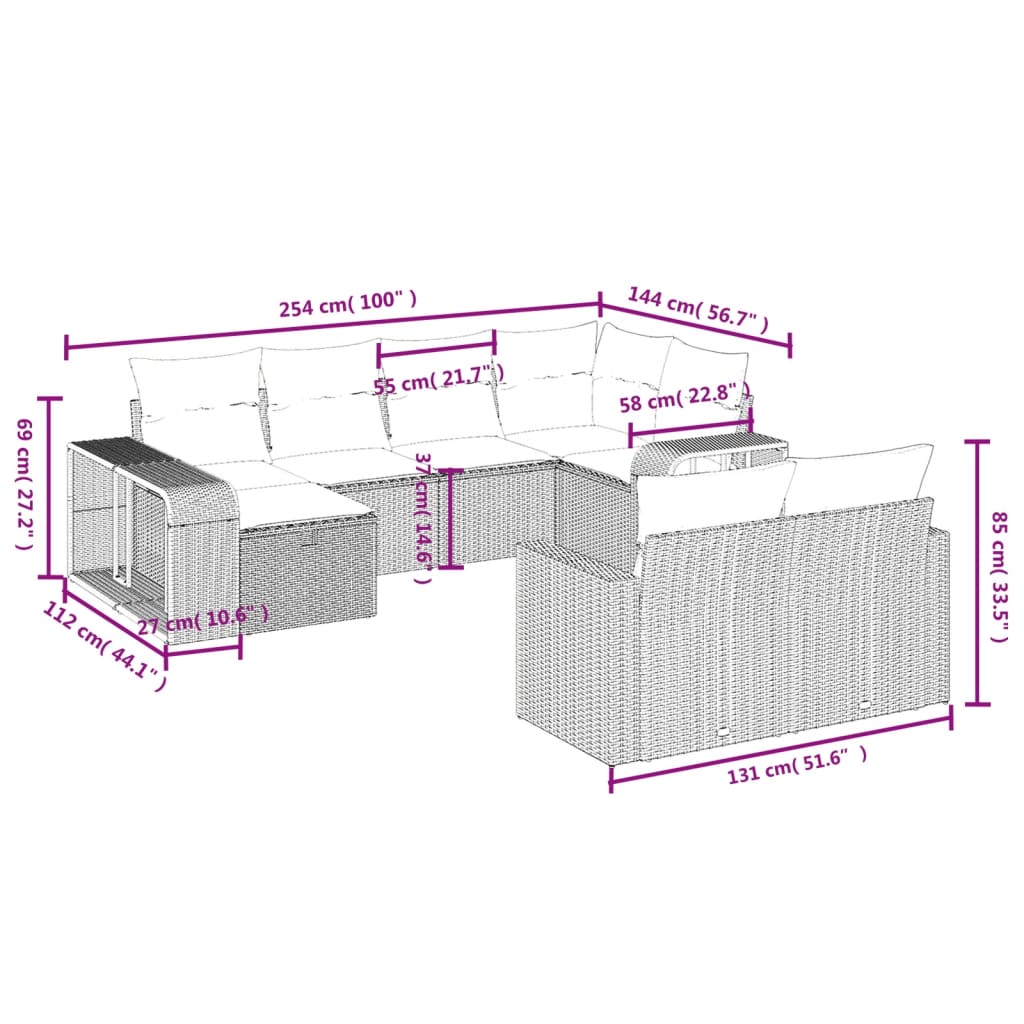 10-delige Loungeset met kussens poly rattan lichtgrijs