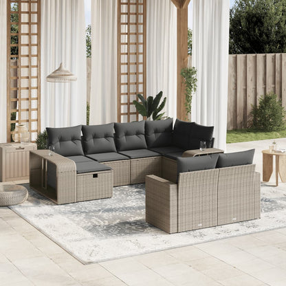 10-delige Loungeset met kussens poly rattan lichtgrijs