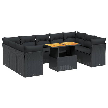 10-delige Loungeset met kussens poly rattan zwart