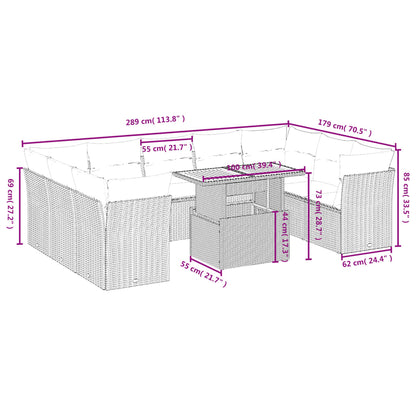 10-delige Loungeset met kussens poly rattan zwart