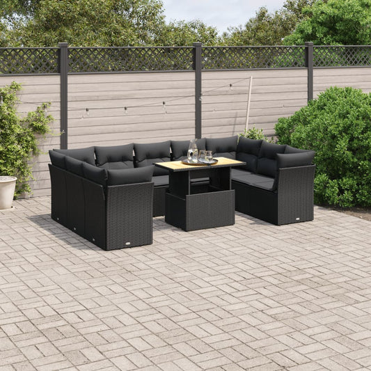 10-delige Loungeset met kussens poly rattan zwart