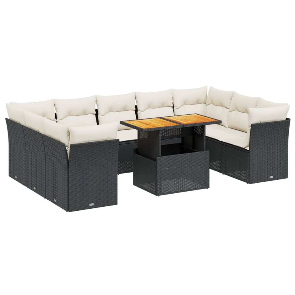 10-delige Loungeset met kussens poly rattan zwart