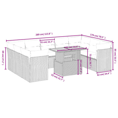 10-delige Loungeset met kussens poly rattan zwart