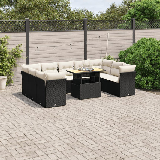 10-delige Loungeset met kussens poly rattan zwart