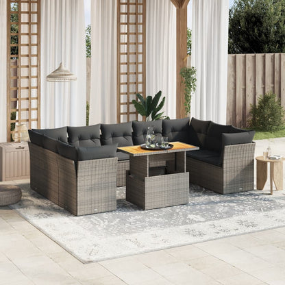 10-delige Loungeset met kussens poly rattan grijs