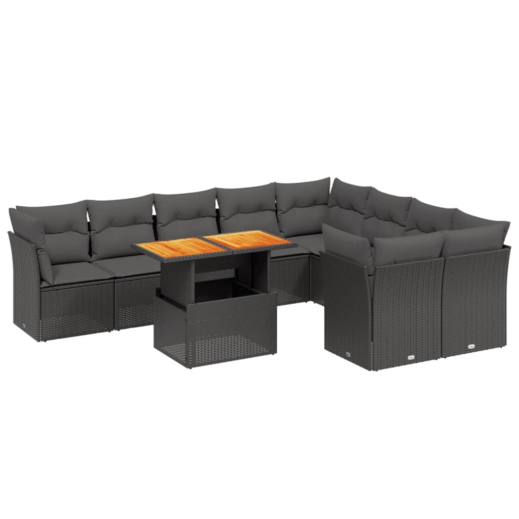 10-delige Loungeset met kussens poly rattan zwart