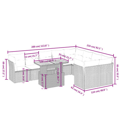 10-delige Loungeset met kussens poly rattan zwart