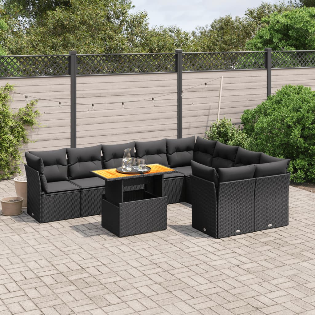 10-delige Loungeset met kussens poly rattan zwart