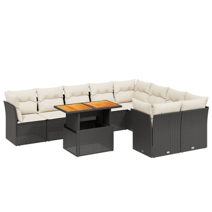 10-delige Loungeset met kussens poly rattan zwart