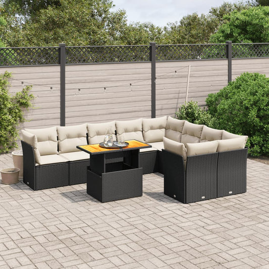 10-delige Loungeset met kussens poly rattan zwart