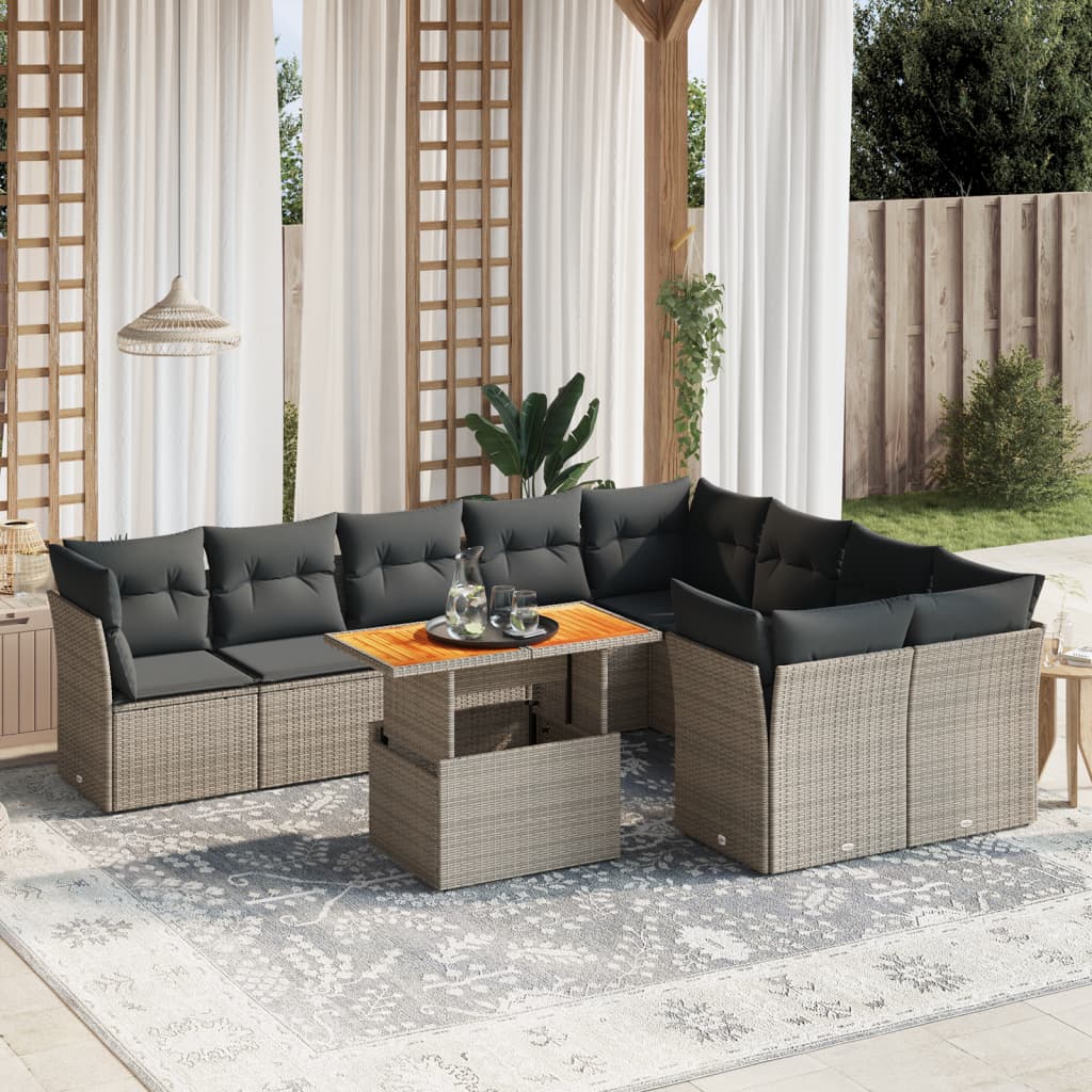 10-delige Loungeset met kussens poly rattan grijs