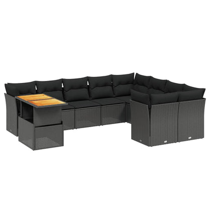 10-delige Loungeset met kussens poly rattan zwart