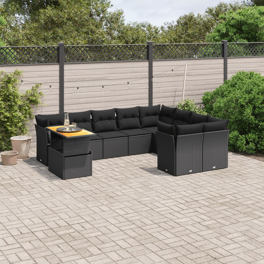 10-delige Loungeset met kussens poly rattan zwart