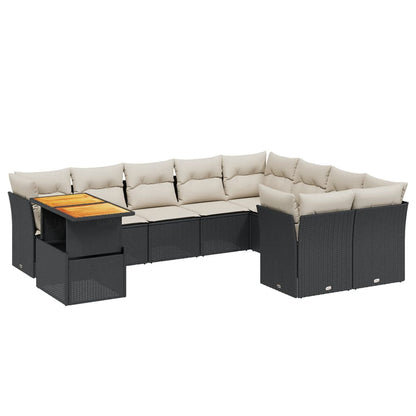 10-delige Loungeset met kussens poly rattan zwart