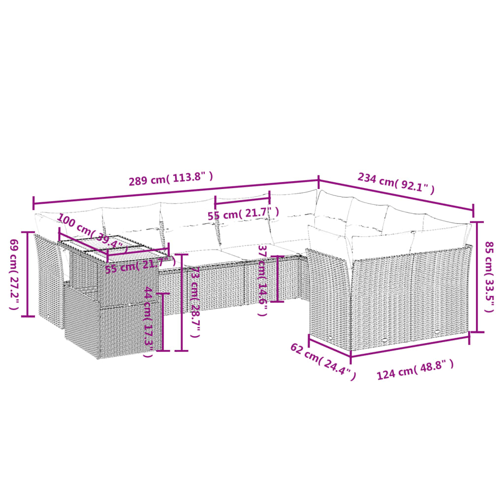 10-delige Loungeset met kussens poly rattan zwart