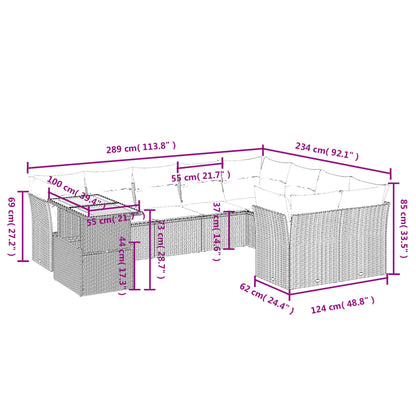 10-delige Loungeset met kussens poly rattan zwart