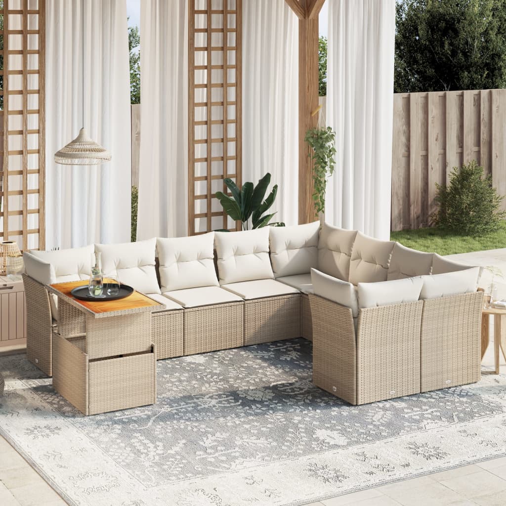 10-delige Loungeset met kussens poly rattan beige