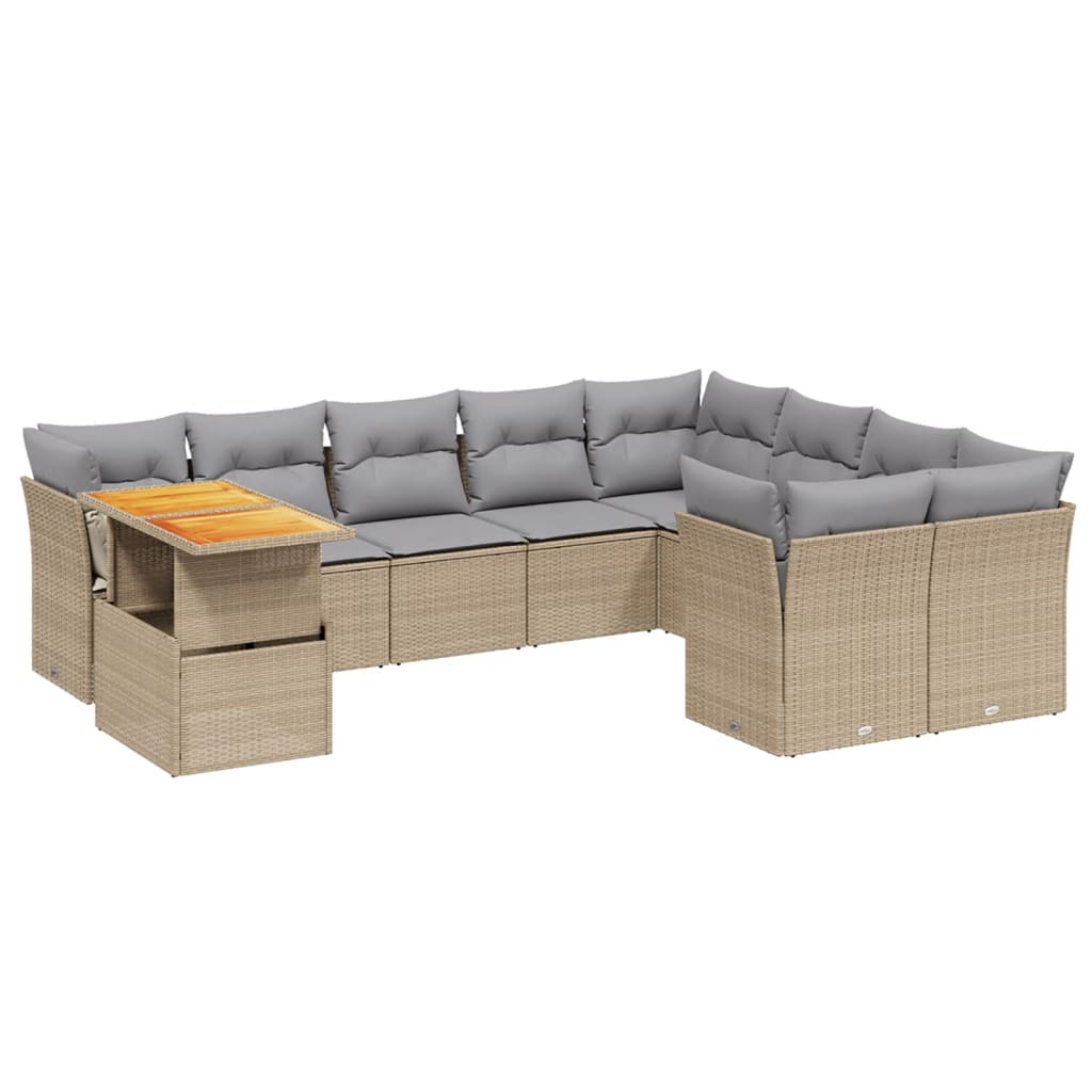 10-delige Loungeset met kussens poly rattan beige