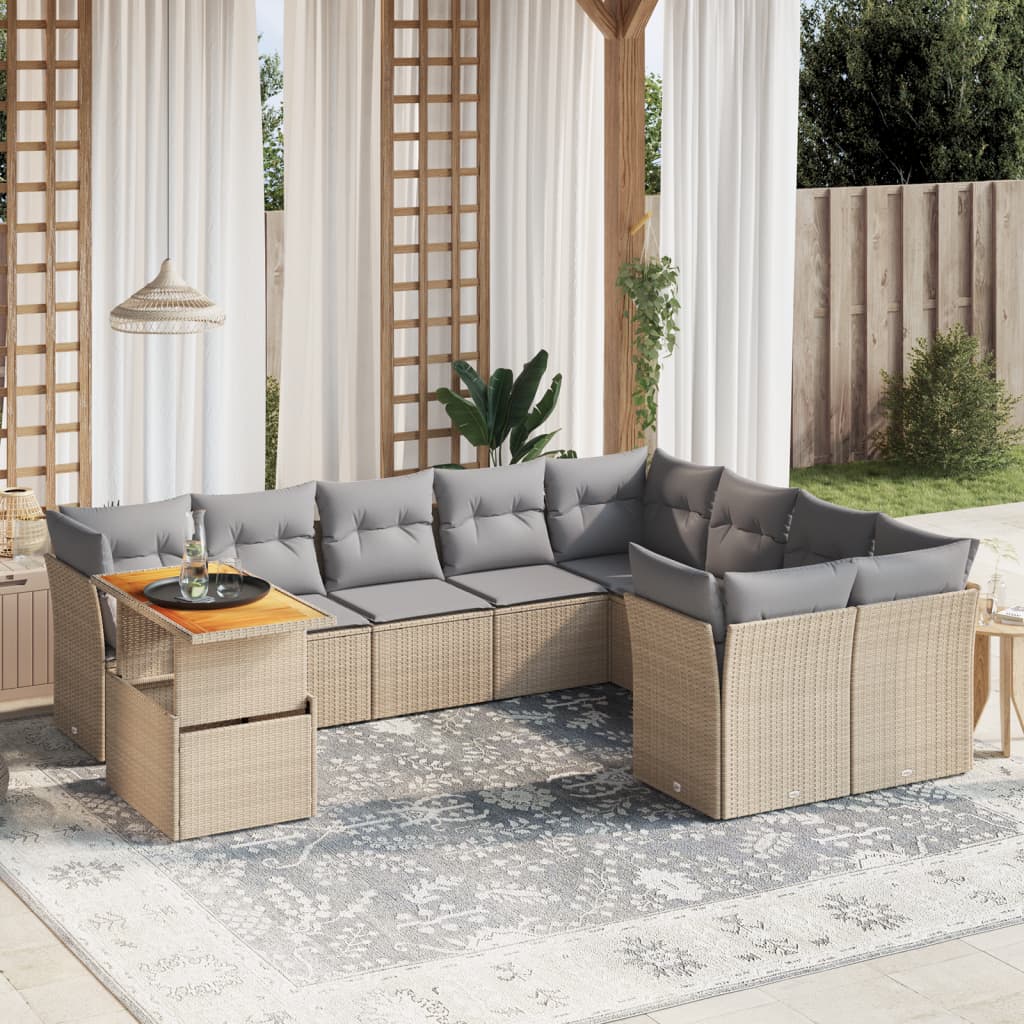 10-delige Loungeset met kussens poly rattan beige