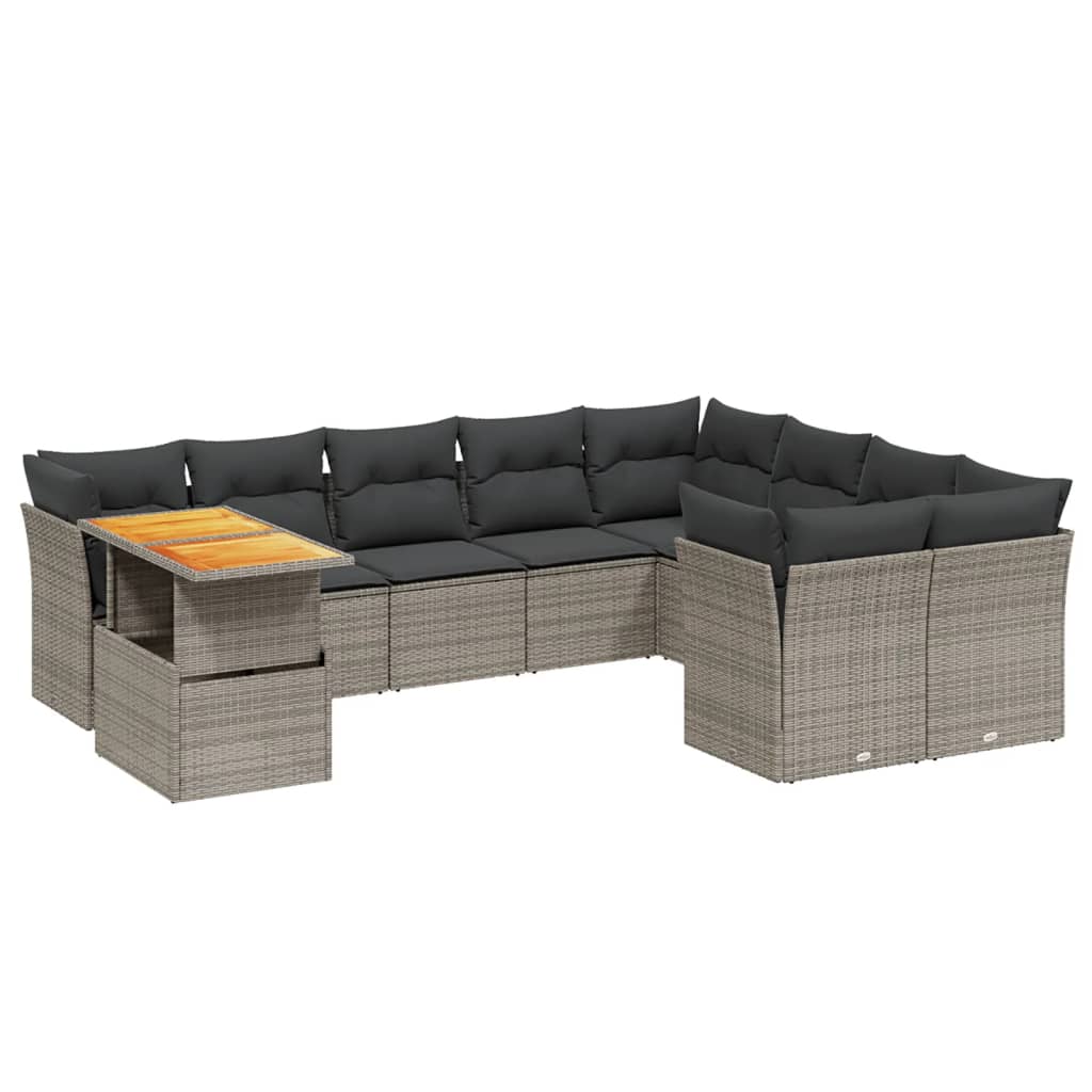 10-delige Loungeset met kussens poly rattan grijs