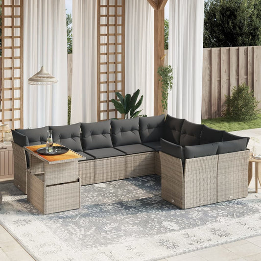 10-delige Loungeset met kussens poly rattan grijs